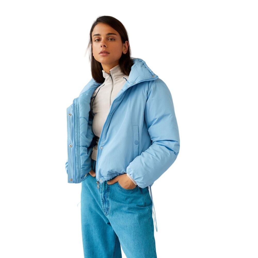 BDG Isla Lightweight Puffer Jacket S | Cropped Light Blue Funnel Neck